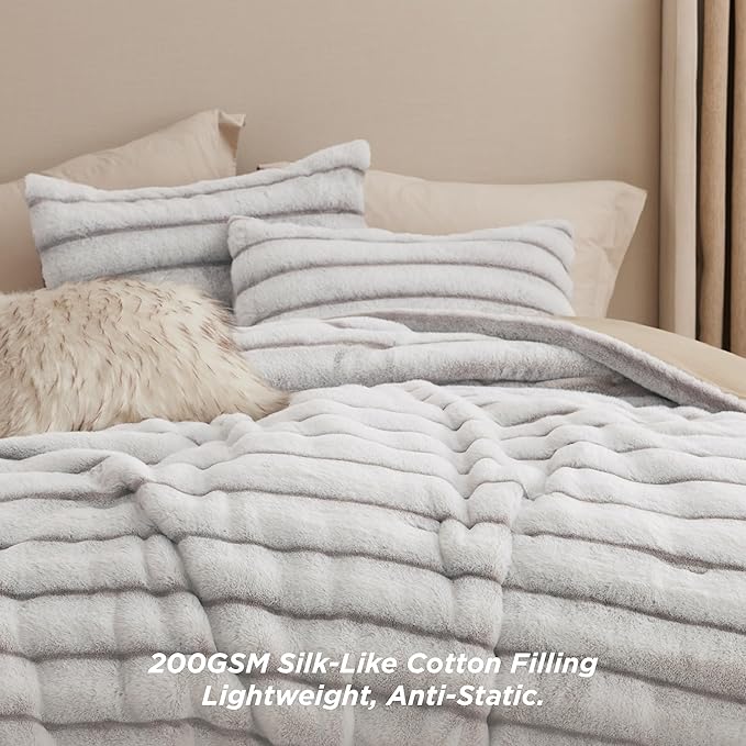 Bedsure Fluffy Comforter Set Queen - Faux Fur Comforter Queen Size Khaki, Soft Shaggy Bedding Comforter Sets, Winter Warm Luxury Fuzzy Bed Set 3 Pieces, 1 Comforter and 2 Pillowcases