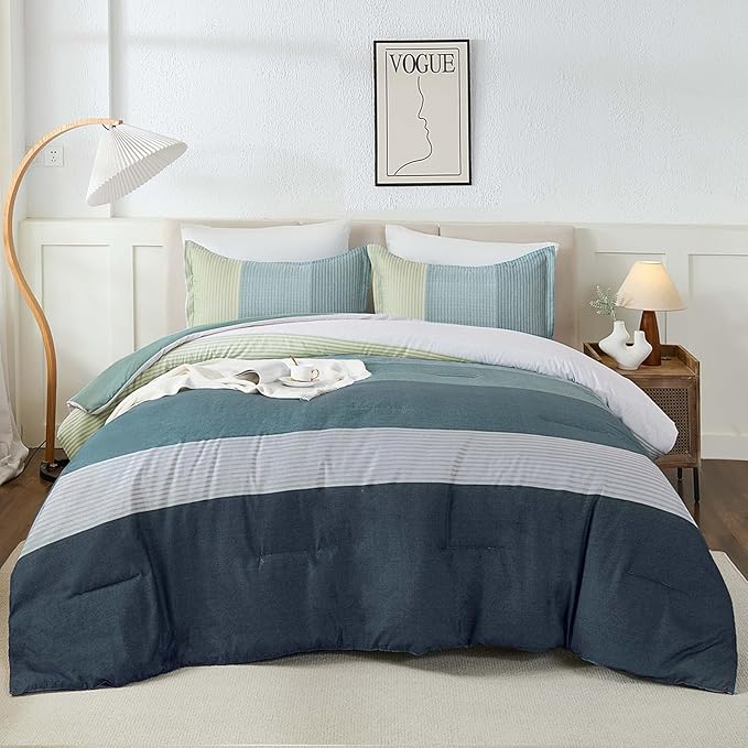 WONGS BEDDING Comforter Set Queen Size, Blue Striped Patchwork Comforter for Queen Bed,3 Pieces (1 Comforter+2 Pillowcases) Soft Microfiber Bedding Set for All Season (90"x90")
