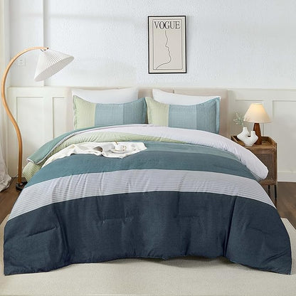 WONGS BEDDING Comforter Set Queen Size, Blue Striped Patchwork Comforter for Queen Bed,3 Pieces (1 Comforter+2 Pillowcases) Soft Microfiber Bedding Set for All Season (90"x90")