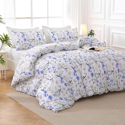 MUXHOMO Blossom Blue Bed in a Bag Queen 7 Pieces, Queen Comforter Set Reversible Botanical Flowers Design, Ultra Soft & Breathable Bedding Sets with Comforter, Sheets, Pillowcases & Shams