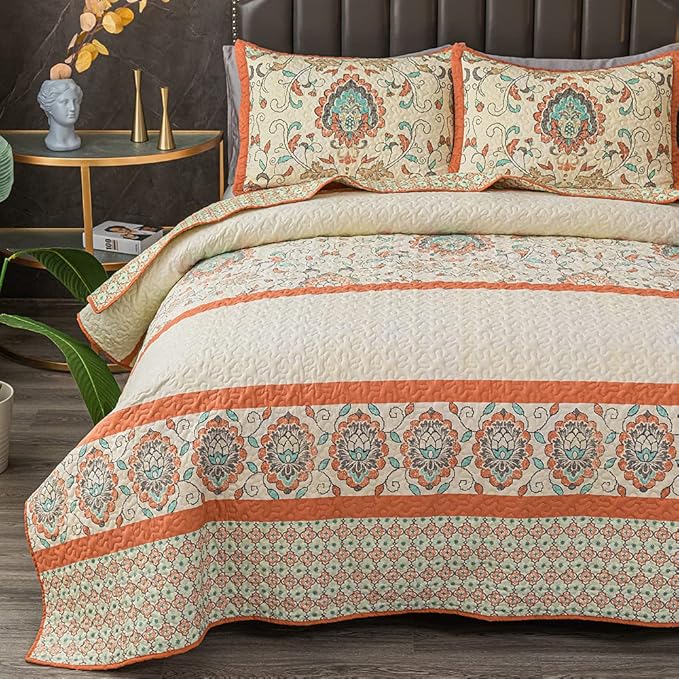 Bohemian Queen Size Quilt Comforter Sets 3 Pieces Quilts (1 Quilt, 2 Pillow Shams) Nordic Bedding Set Printed Coverlet with Pillowcase Lightweight Bedspread Set for All Seasons