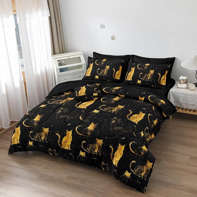 Black Gold Comforter Queen Gold Cat Bedding Set Black Kitty Animal Pattern Super Soft Cozy Girls Boys Pet Theme Cute Bed in A Bag with Comforter and Sheet Set