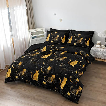Black Gold Comforter Queen Gold Cat Bedding Set Black Kitty Animal Pattern Super Soft Cozy Girls Boys Pet Theme Cute Bed in A Bag with Comforter and Sheet Set