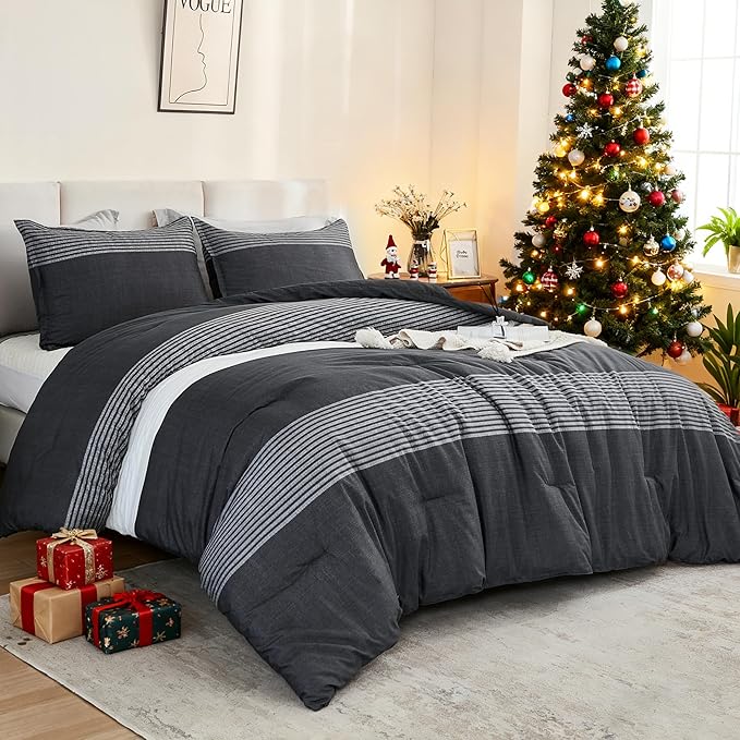 Litanika Oversized Alaskan King Comforter Set Black White Grey 128x120-3 Pieces Lightweight Colorblock Stripe Fluffy Bedding Comforter Sets, All Season Bed Set