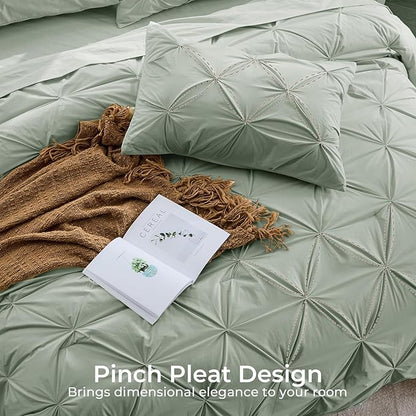 Sasttie King Size Comforter Set, 7-Piece Bed in a Bag, Pintuck Bedding Set for All Season, Includes Comforter, Flat Sheet, Fitted Sheet, Pillowcases and Pillowshams, Sage Grey