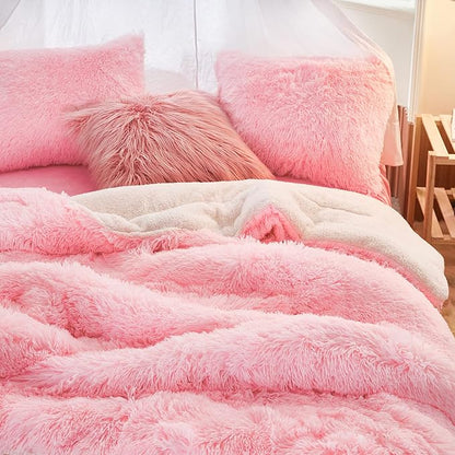 UOZZI BEDDING Pink Faux Fur Comforter Set Twin 3 Pieces - 1 Shaggy Comforter Set 68x86 and 2 Pillowcases, Ultra Soft and Easy Care Luxury Plush Shaggy Duvet Set for Girls Women Princess Style