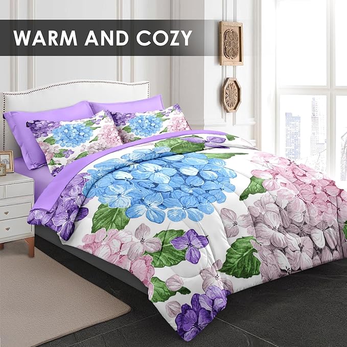 Comforter Set King Size, Hydrangea Flower Leaves 7 Pcs Bedding for Kids and Adults, Floral Purple Summer Bed Sheet Sets with Fitted Sheet 2 Pillowcases & 2 Shams for Bedroom Bed Decor