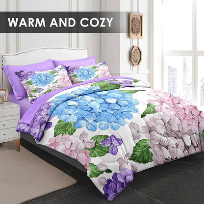 Comforter Set Queen Size, Hydrangea Flower Leaves 7 Pcs Bedding for Kids and Adults, Floral Purple Summer Bed Sheet Sets with Fitted Sheet 2 Pillowcases & 2 Shams for Bedroom Bed Decor