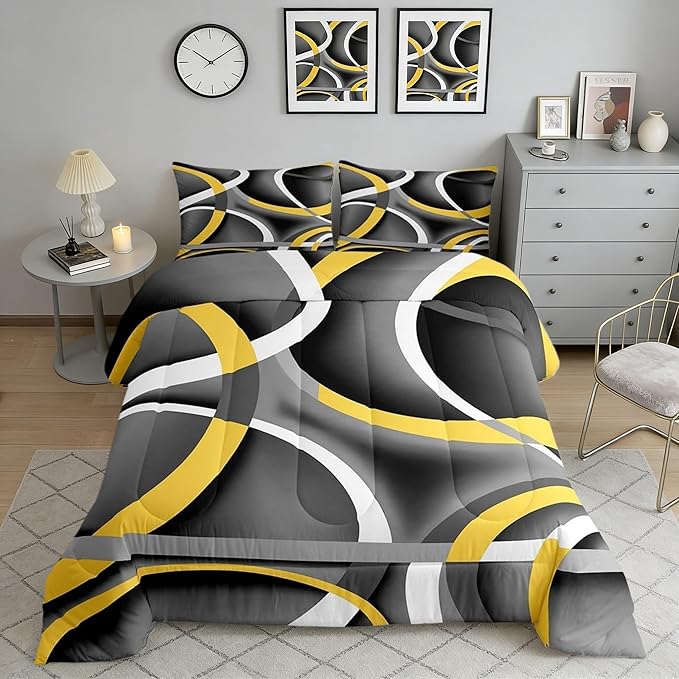 Castle Fairy Black Yellow Gray Abstract Stripes Full Size Comforter Set Geometric Circle Bedding Set for Kids Adults Teens Modern Retro Comforter Luxury Geometric Quilt Set Room Decor 3Pcs
