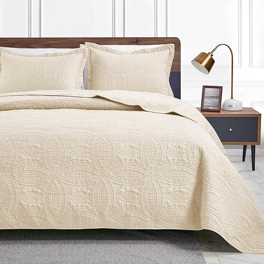 Love's cabin Quilts for Full Bed Beige Bedspread Comforters Bedding Set - Summer Lightweight Bedspread Comforter - Coin Pattern Bedding Coverlet for All Season - 3 Pieces (1 Quilt, 2 Pillow Shams)