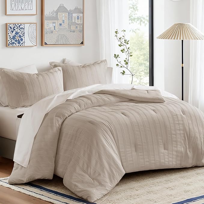 Madison Park Essentials Striped Comforter Set Queen, 7 Pieces Modern Minimalist Jacquard Bedding Set for All Season, Bed in A Bag with Sheet Set and Soft Brushed Reverse, Lightweight Neutral