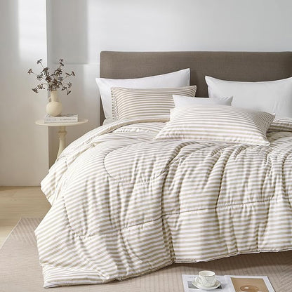 mixinni Tan Striped Comforter Set Full Size - Beige Stripes Pattern Bed Set for All Season, 3 Pieces Lightweight Bedding Comforter Sets for All Seasons (1 Soft Fluffy Comforter + 2 Pillowcases)