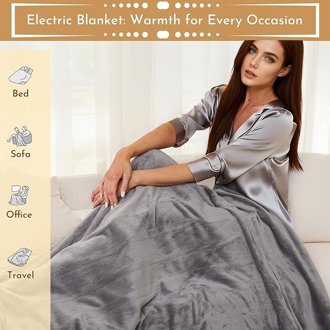 Electric Heated Blanket 84"x90" Queen Size Flannel Heated Blanket, Cozy & Warm for All Night, 5 Heat Settings & 10 Hours Auto Off, Machine Washable, Light Grey