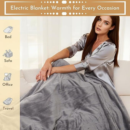 Electric Heated Blanket 84"x90" Queen Size Flannel Heated Blanket, Cozy & Warm for All Night, 5 Heat Settings & 10 Hours Auto Off, Machine Washable, Light Grey
