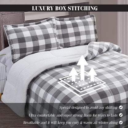 Elegant Comfort 3-Piece Buffalo Lodge-Plaid Comforter Set, Luxurious, Heavyweight, All Season, Down Alternative-Micromink Sherpa-Backing Reversible Micro-Suede, Soft and Plush, King, Gray/White