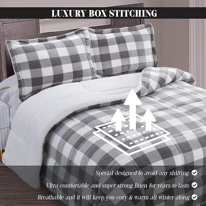 Elegant Comfort 3-Piece Buffalo Lodge-Plaid Comforter Set, Luxurious, Heavyweight, All Season, Down Alternative-Micromink Sherpa-Backing Reversible Micro-Suede, Soft and Plush, Twin XL, Gray/White