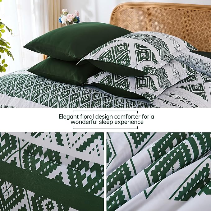 Luxudecor Green Comforter Set Queen Size 7 Pieces,Boho Aztec Comforter with Sheet Set,Geometric Striped Pattern Bed in a Bag,Soft Microfiber Bed Set 90"x90"