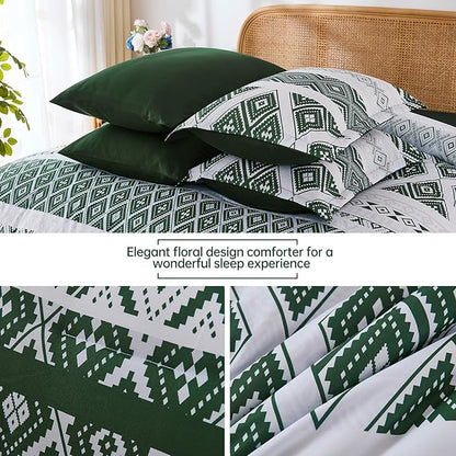 Luxudecor Green Comforter Set Queen Size 7 Pieces,Boho Aztec Comforter with Sheet Set,Geometric Striped Pattern Bed in a Bag,Soft Microfiber Bed Set 90"x90"
