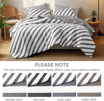 Reversible Striped Queen Comforter Set, Soft Microfiber Bedding Set with Double-Sided Stripes Design, Warm & Cozy for All-Seasons, 3-Piece Comforter and Shams Set Queen Size, Charcoal