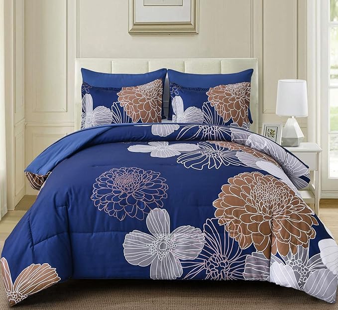 Yiran Navy Brown Comforter Set Queen Bed in a Bag 7 Pieces Floral Soft Microfiber Comforter Bedding Sets Bed Set with Comforter, Sheets, Pillowcases & Shams 90"×90"