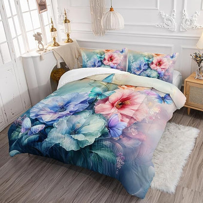 Colorful Flower Comforter Set Twin Size 3 PCS Bed in a Bag,Cute Floral Butterfly Bedding Set for Girls Teens,Ultra Soft Microfiber Comforter Bed Set with 3-Pieces, Floral Bedroom Decor