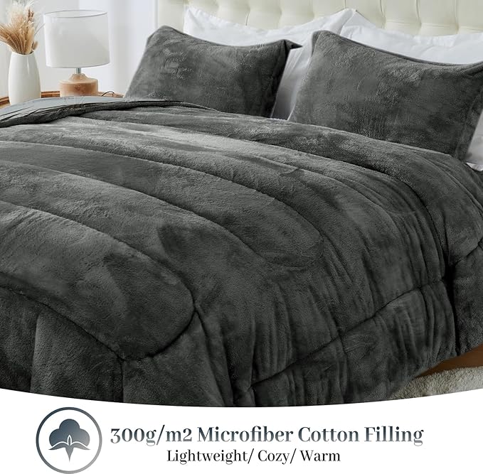YIYEA Faux Fur Comforter Set Queen Size with Fitted Sheet, Luxury Ultra Soft Fuzzy Comforter, Fluffy Plush Velvet Bedding Comforter Sets for Fall Winter, Cozy Warmth, No Shedding, 4PC, Grey