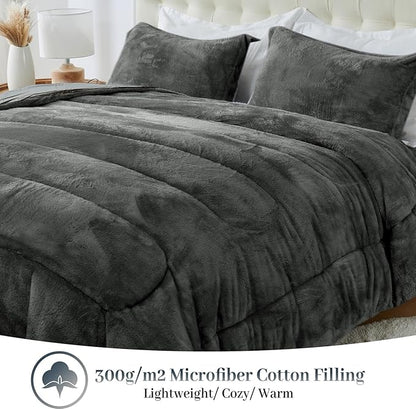 YIYEA Faux Fur Comforter Set Queen Size with Fitted Sheet, Luxury Ultra Soft Fuzzy Comforter, Fluffy Plush Velvet Bedding Comforter Sets for Fall Winter, Cozy Warmth, No Shedding, 4PC, Grey