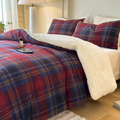 Cyusri Plaid Sherpa Comforter Set 3Pcs Fluffy Warm Fleece Down Alternative, Red Blue Grid Pattern Bedding Set with 2 Pillowcases, King Size 104"x90"