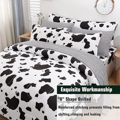 SUCSES Cow Print Queen Comforter Set with Sheets 8Pcs Bed in A Bag Queen Size Bedding Set Geometric Black and White Duvets for All Season