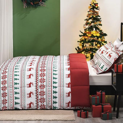 downluxe Christmas Comforter Set Queen with 2 Pillow Shams - Christmas Decoration Comforter Set with Reindeer and Snowflake Patterns - Bed Comforter Queen Set(3-Piece Set)