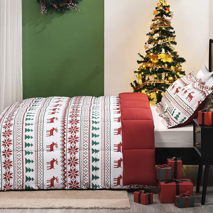 downluxe Christmas Comforter Set King with 2 Pillow Shams - Christmas Decoration King Comforter Set with Reindeer and Snowflake Patterns - King Size Comforter Set(3-Piece Set)