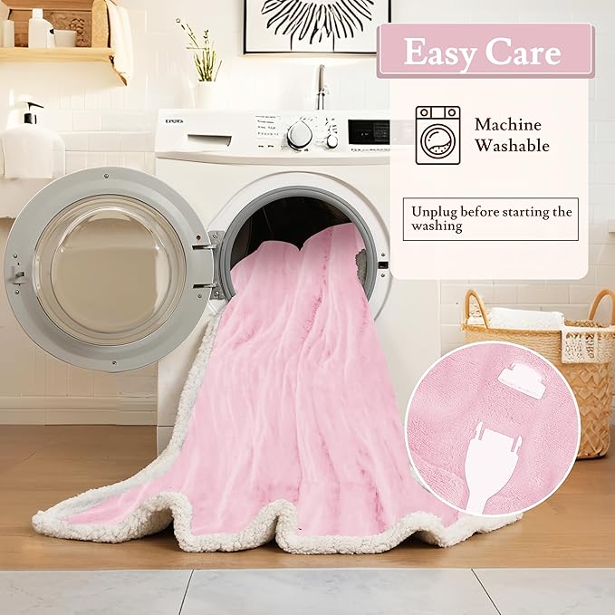 Electric Heated Blanket 50"x60" Throw Size Flannel & Sherpa - 4 Heat Settings & 3H Auto Shut Off, Fast Heating, Machine Washable for Bed, Couch, Office - Pink