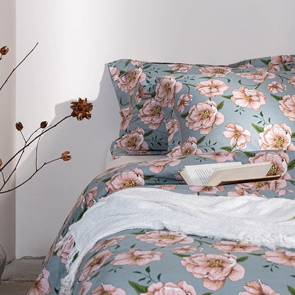 Cotton Comforter King Size Set – Blue Green Blush Floral Bedding, Soft & Breathable Comforter, All-Season Down-Alternative Filling, 1 Comforter & 2 Pillow Shams