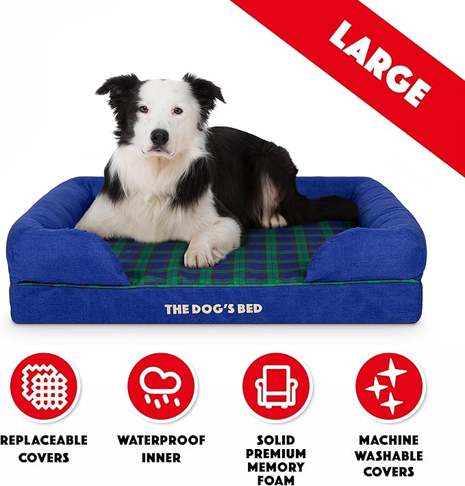 The Dog’s Bed Orthopedic Memory Foam Dog Bed with Bolsters, Oxford Fabric, Black Watch Tartan, L