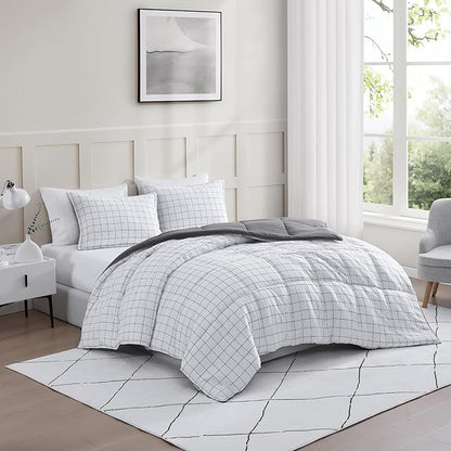 Casa Platino Queen Comforter Set - Pre-Washed Duvet Insert & 2 Pillow Shams - Brushed Microfiber Windowpane