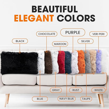 Cheer Collection Throw Pillows for Couch and Bed, Soft Shaggy Throw Pillows with Inserts Included, Cozy Long Hair Faux Fur Pillows - Set of 2-12" x 20" - Purple