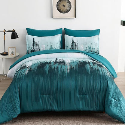WONGS BEDDING Comforter Set King, Teal Green 7 Pieces Bed in a Bag Colorful Abstract Art Gradient Comforter Soft Microfiber Bedding Set with Comforter, Flat Sheet,Fitted Sheet,Pillow Shams,Pillowcases