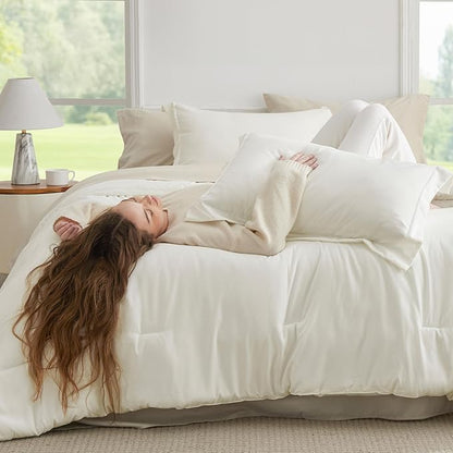 Bedsure Full Comforter Set - 7 Pieces White Full Bedding Set for All Seasons, Boho Contrasting Design Bed in a Bag with Comforter, Sheets, Pillowcases & Shams