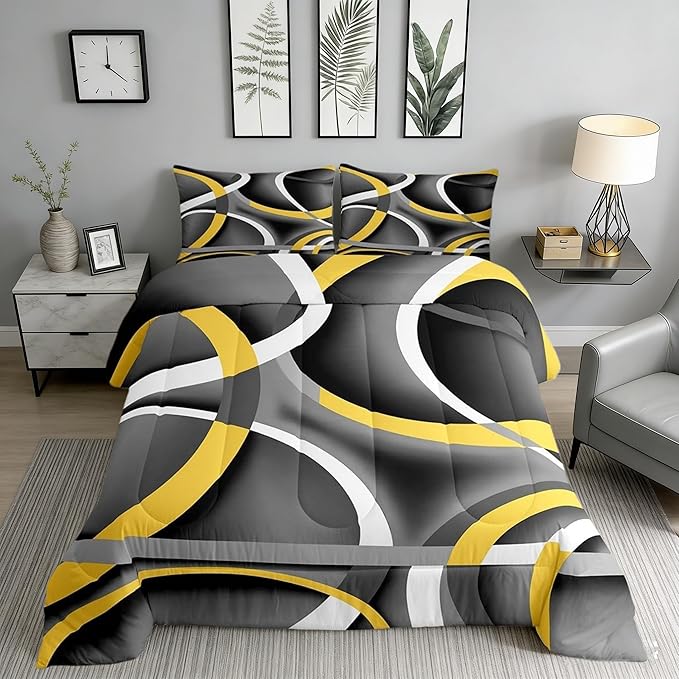 Castle Fairy Retro Circle Comforter Set Queen Size Yellow Gray Black Bedding Set for Kids Boys Girls Bedroom Decoration Stripe Line Art Bed Duvet Insert Geometric Modern Comforter with 2 Pillowcase