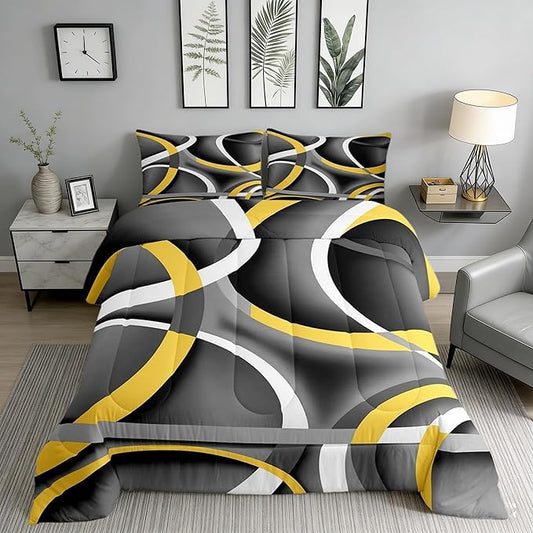 Castle Fairy Retro Circle Comforter Set Queen Size Yellow Gray Black Bedding Set for Kids Boys Girls Bedroom Decoration Stripe Line Art Bed Duvet Insert Geometric Modern Comforter with 2 Pillowcase