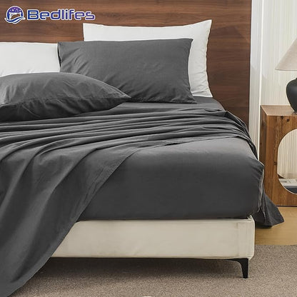 Bedlifes 100% French Pure Linen Sheets King Size Breathable and Cooling Flax Sheet Set Soft Durable and Moisture Wicking 16 Inch Deep Pocket-4 Piece(King,Dark Grey)