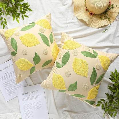 2 Pcs Lemon Embroidered Pillow Covers 18 x 18 Inch Summer Fruit Jacquard Decorative Pillow Covers, Green Leaf and Lemon Farmhouse Soft Plush Pillowcase for Sofa Bed