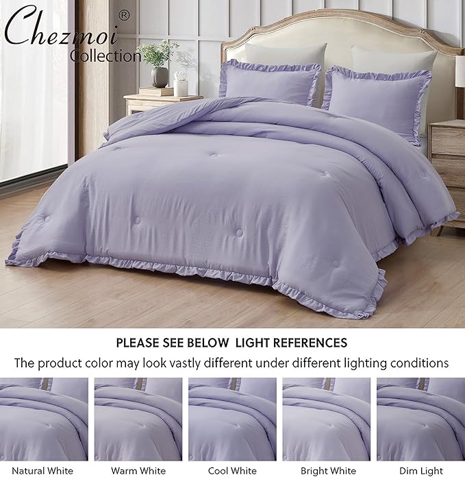 Chezmoi Collection Nora Lavender Comforter Set Twin Size 2-Piece Lightweight Soft Fluffy Ruffled Edge Trim Stone-Washed Microfiber Comforter Set for All Season