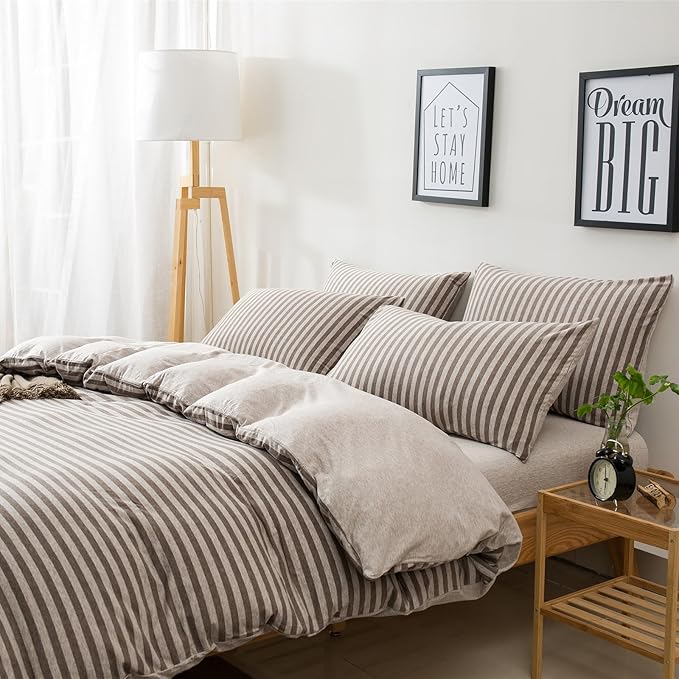 Full Size Bedding Comforter Set for Women,Men Breathable Cotton Comforter for Bed 3 Pieces Comforter Set with Coffee Striped Pattern, 2 Pillow Cases, 80''x90''