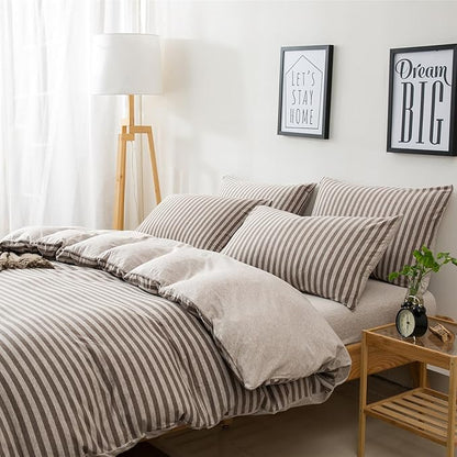 Full Size Bedding Comforter Set for Women,Men Breathable Cotton Comforter for Bed 3 Pieces Comforter Set with Coffee Striped Pattern, 2 Pillow Cases, 80''x90''