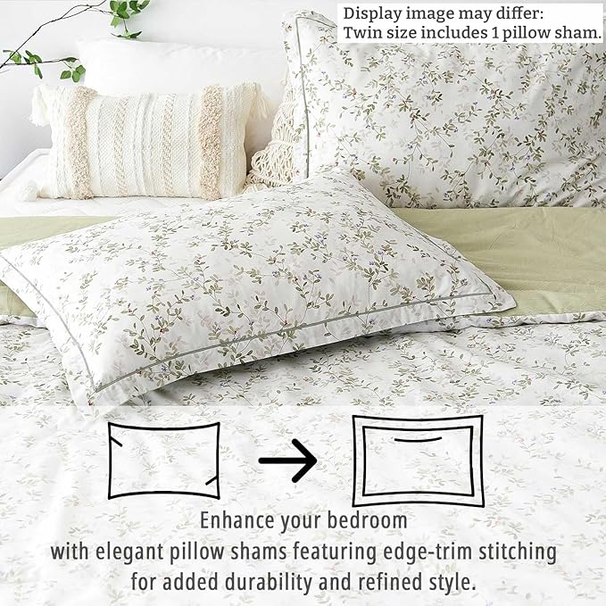 Botanical Cotton Comforter Twin Size - Tender Green Comforter Printed with Leafy Branches & Purple Stamens on Off-White,Reversible Lightweight Bedding Sets 2Pcs