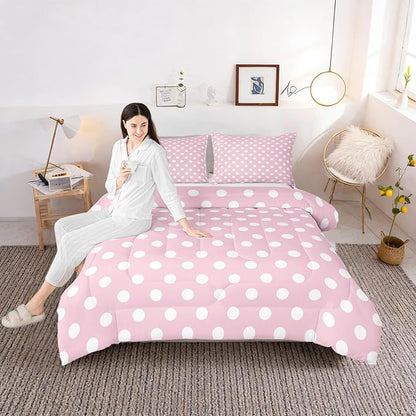 Manfei Polka Dots Comforter Set King Size,Cartoon French Style Princess Pink White Bedding Set 3 Pcs for Women,Modern Geometric Circles Abstract Simple Art Comforter,2 Pillowcases