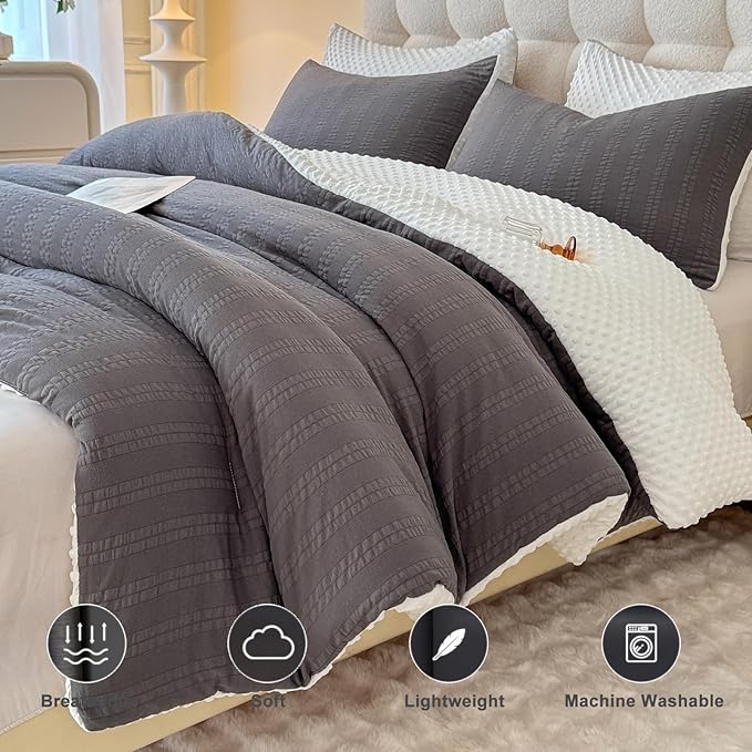 Boho Comforter Set Twin Size Striped Pleats Bohemian Seersucker Bedding Set All Season Soft Cozy 2 Pieces Quilt with 1 Pillowcase(68"X90" Dark Grey)