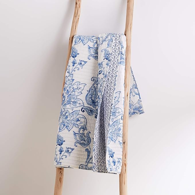 Levtex Home - Bennett - Quilted Throw - 50x60in. - Floral Paisley - Blue and White - Reversible Pattern - Cotton