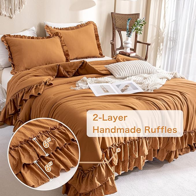 Masaca Pumpkin Color Ruffle Comforter Queen Size,Farmhouse Shabby Boho Chic Queen Bedding Comforter Set,3pcs Ultra Soft Fluffy Brown Orange Comforter Sets for Queen Bed with 2 Ruffled Pillowcases